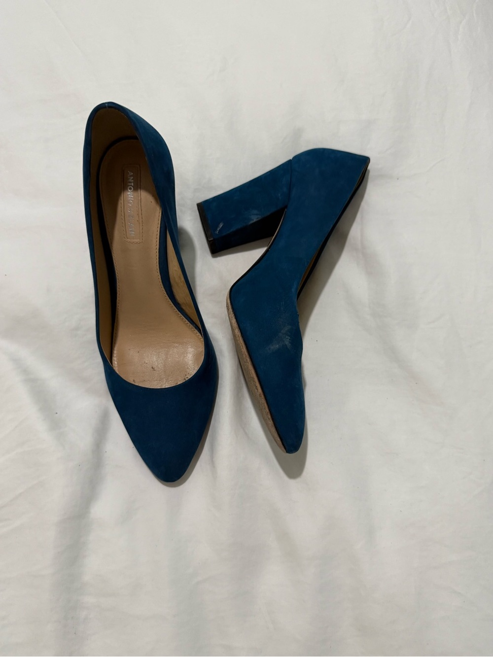 ANTONIO MELANI Teal Suede Pointed-Toe Block Heel Pumps